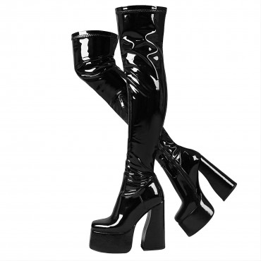 Women Knee High Boots Wide Calf Block Chunky High Heel Side Zipper Riding Boots Metal Square Toe Pull On Tabs